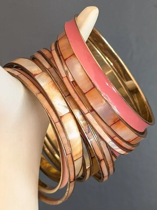 Bundle of orange toned paneled MOP bangles with coordinating enamel bangles - Picture 4 of 8